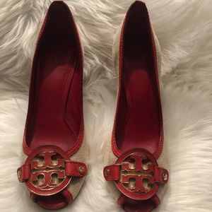 Canvas and Orange Leather Tory Burch Wedge Heels